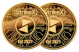 Pièce crypto StrikeX 2021 dorée avec motif circuit