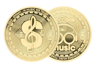 Pièce crypto dorée de la plateforme musicale décentralisée Scoops