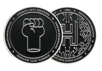 Pièce communauté crypto HODL, noire à bord argenté, symbole du poing