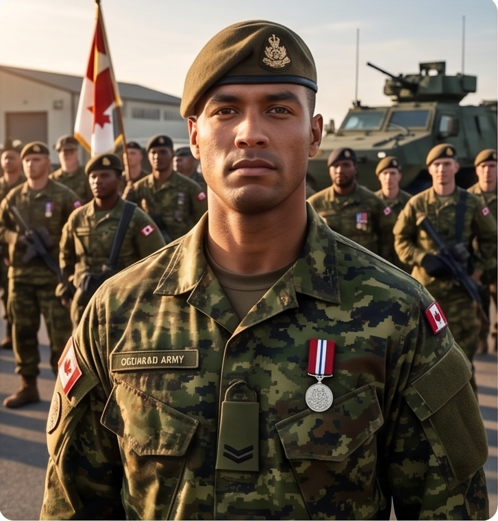 Canadian Army & Land Forces custom military medal with heraldic design and custom woven ribbon