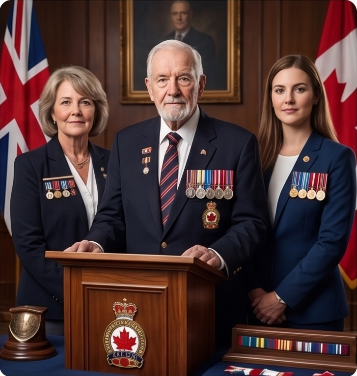 Canadian Veterans & Associations custom military medal with heraldic design and custom woven ribbon