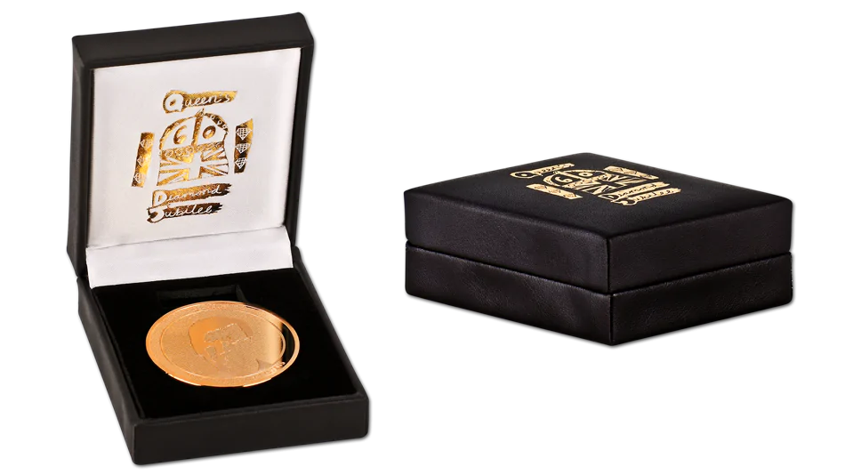 Premium black presentation box with satin lining and a 50th anniversary gold coin
