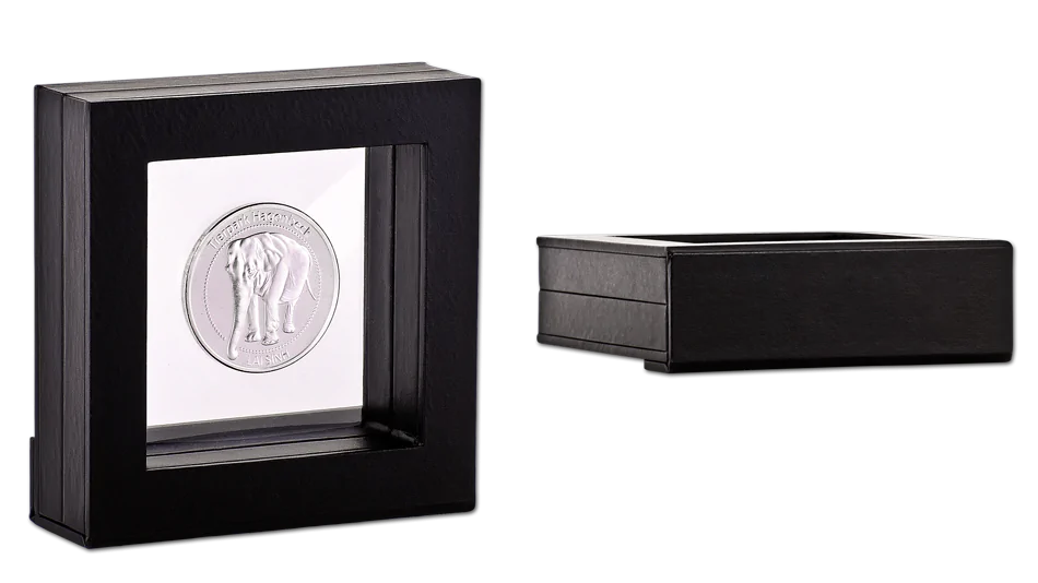 Premium black presentation box with satin lining and a silver commemorative coin